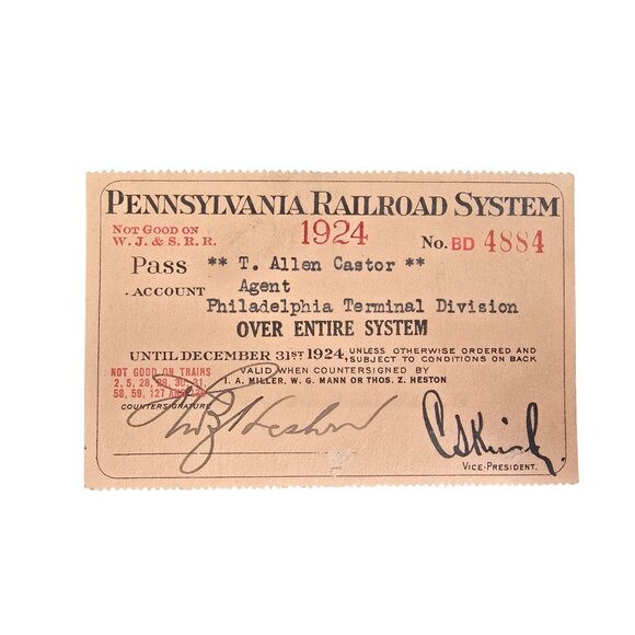 1924 Pennsylvania Railroad System Agent Pass Paper Ephemera No. BD 4884 Signed - Picture 1 of 4